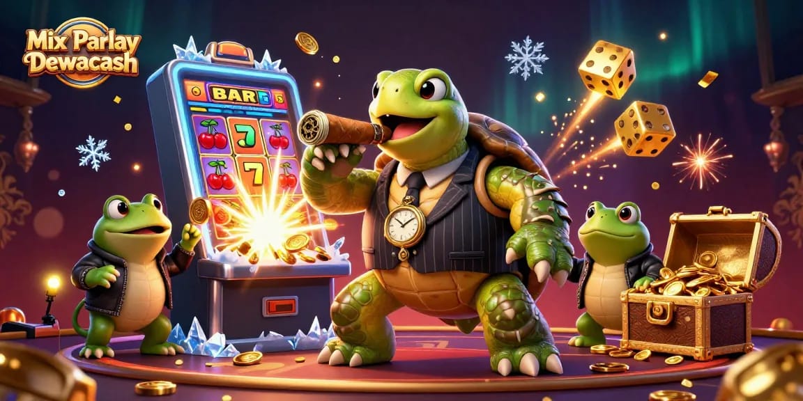 Engage in Mix Parlay Dewacash with this exciting 3D casino scene featuring a dynamic turtle mobster and jackpot symbols.