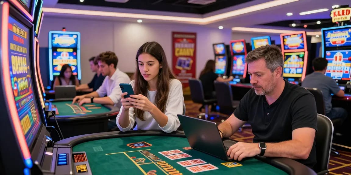 Engaging credit card casino scene at crownwoods.org.uk showing players enjoying diverse games with vibrant bonuses.