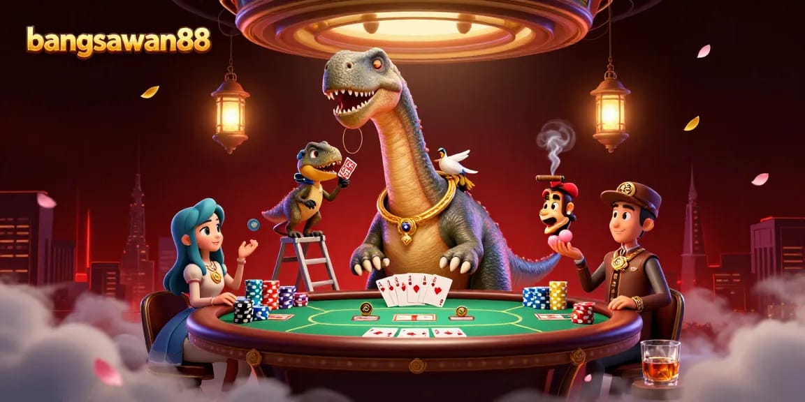 Bangsawan88 brings vibrant energy to a lively casino with a charming brontosaurus and raptor dealing cards.