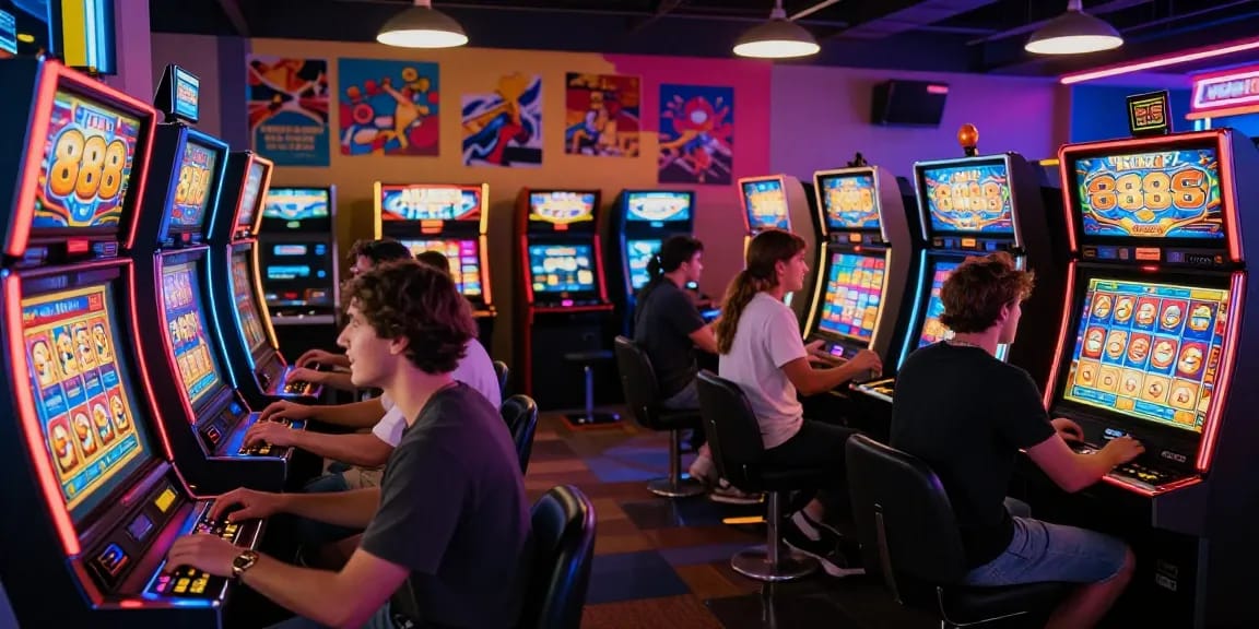 Pengalaman bermain 888 slots di arcade yang ramai dengan pemain dan permainan menarik.