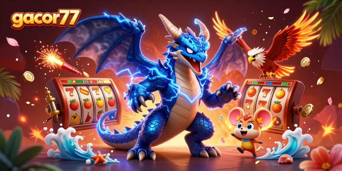 Gacor77 menghadirkan pengalaman bermain slot dengan elemen karakter 3D yang memukau dan simbol keberuntungan yang ceria.