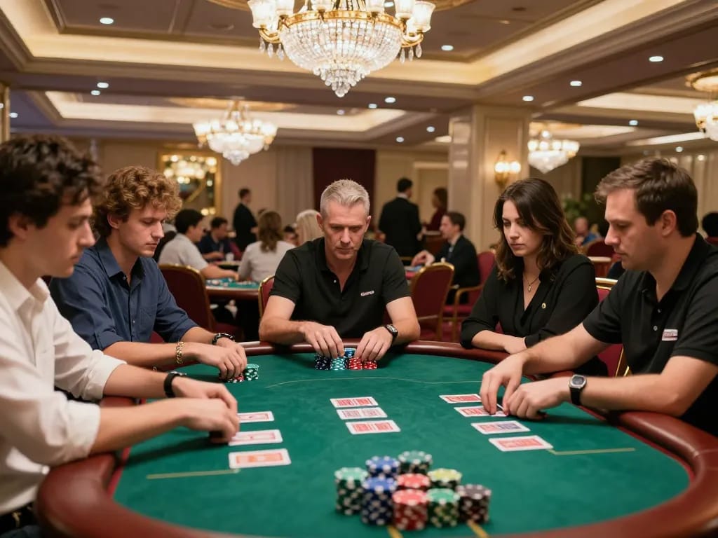 GO88 players engaged in high-stakes poker with vibrant chips and cards during intense gameplay