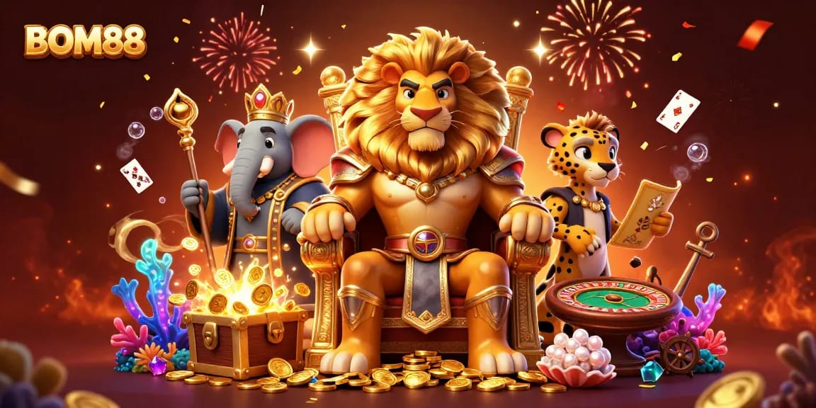 BOM88 offers a vibrant 3D scene with a lion king, elephant advisor, and cheetah messenger celebrating gaming triumphs.