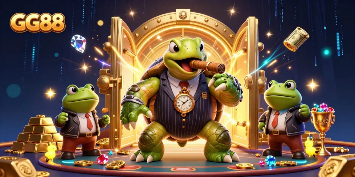 Experience the thrill of GG88 casino with a vibrant, lively 3D illustration showcasing a snapping turtle and bullfrogs amid riches.