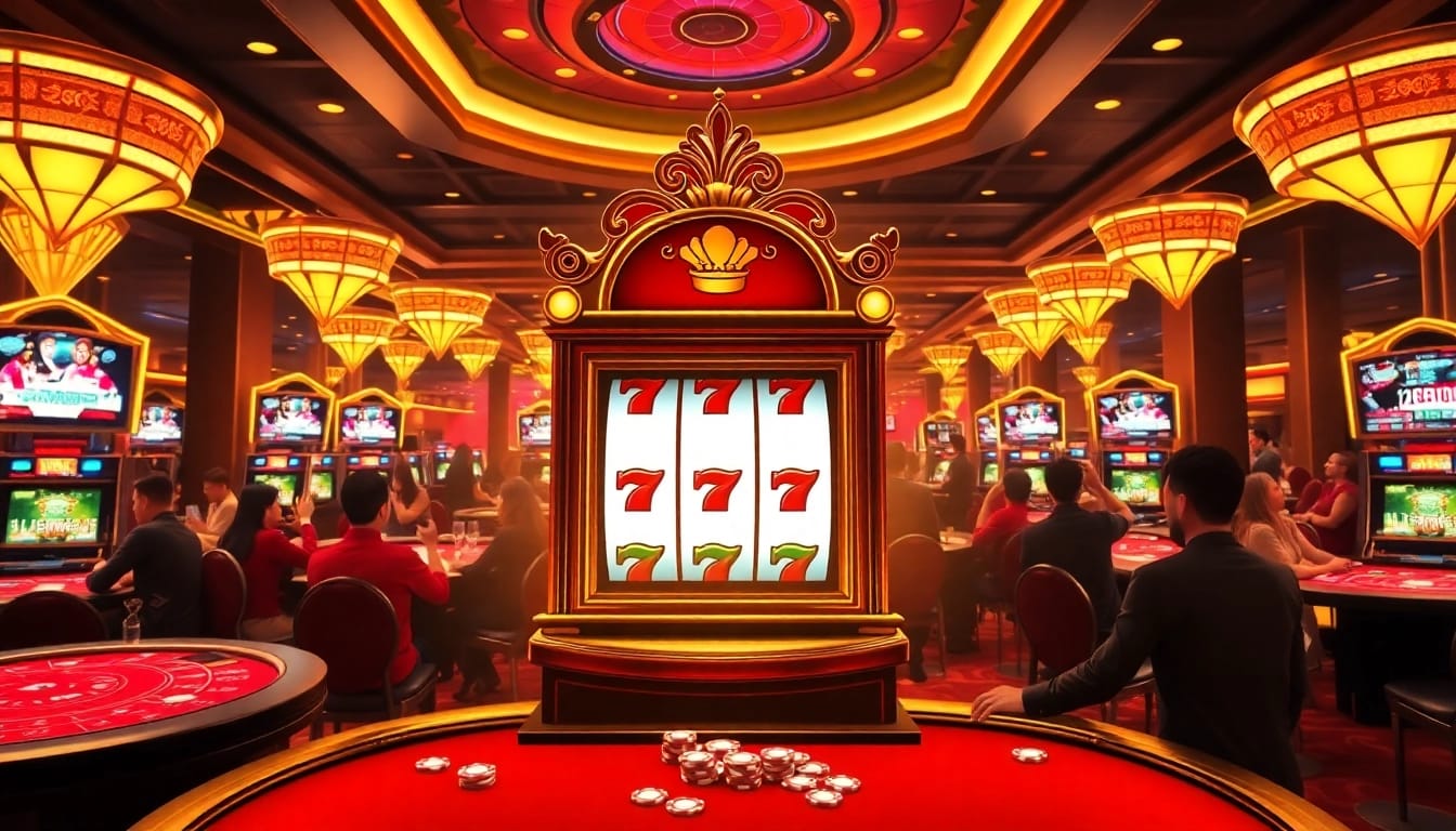 The thrilling gaming atmosphere at https://nohudoithuong.life/, showcasing vibrant slot machines and enthusiastic players around tables.
