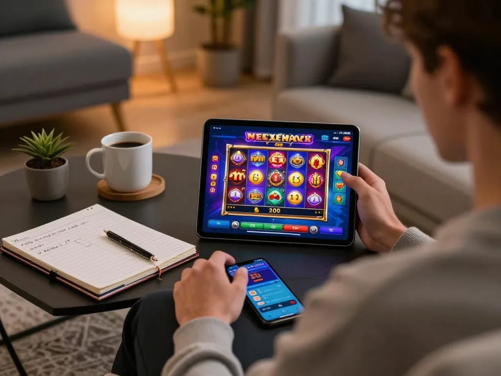 Adegan judi online Leci123 dengan pemain yang terlibat di tablet, menampilkan antarmuka permainan slot yang menarik dan catatan strategis.