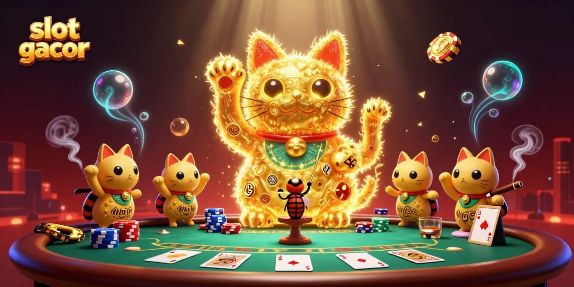 Slot gacor menampilkan ilustrasi 3D yang dinamis dengan karakter keberuntungan dan elemen kasino