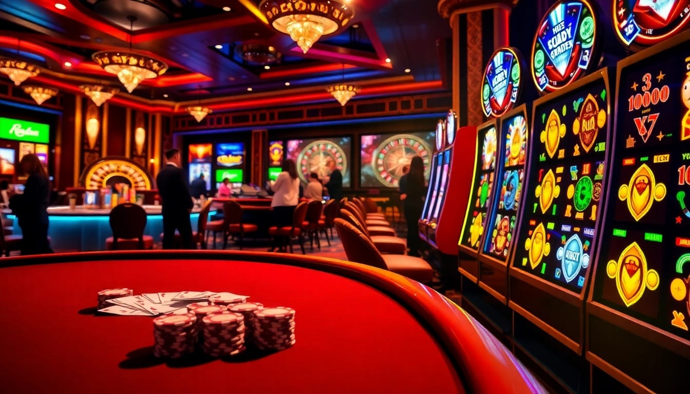 Engaging casino scene at trang chủ thabet with poker tables and slot machines.
