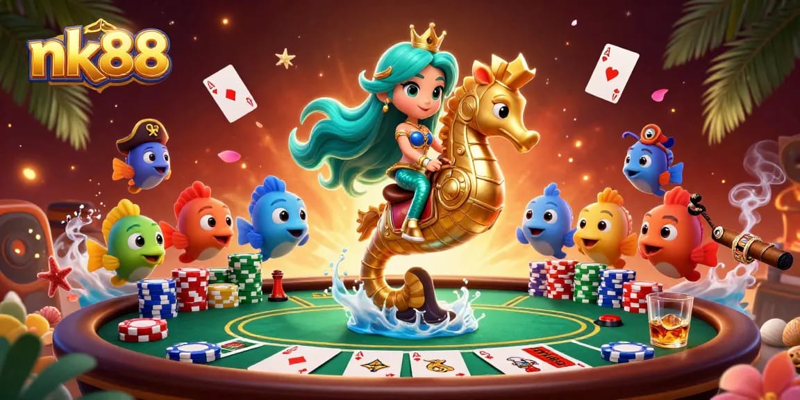 Experience thrilling games with nk88 as a mermaid princess rides a seahorse in a vibrant casino scene.