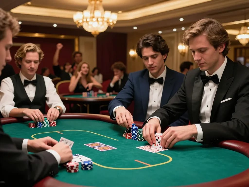 Players engaging in a high-stakes poker game at LC88 casino, showcasing intense strategy and luxury.
