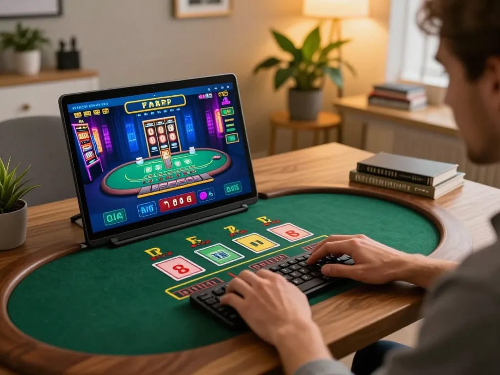 uu88 online gaming session displaying live dealer poker interaction on a laptop in cozy home setting