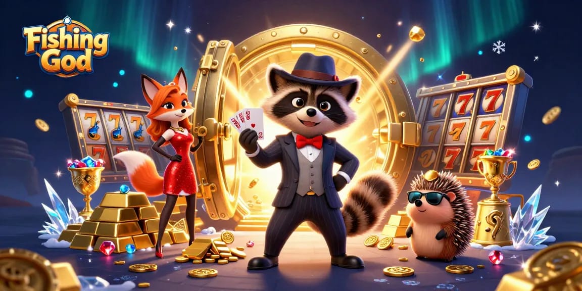 Catch exciting wins with Fishing God, a vibrant casino scene featuring playful characters and rich gambling elements.