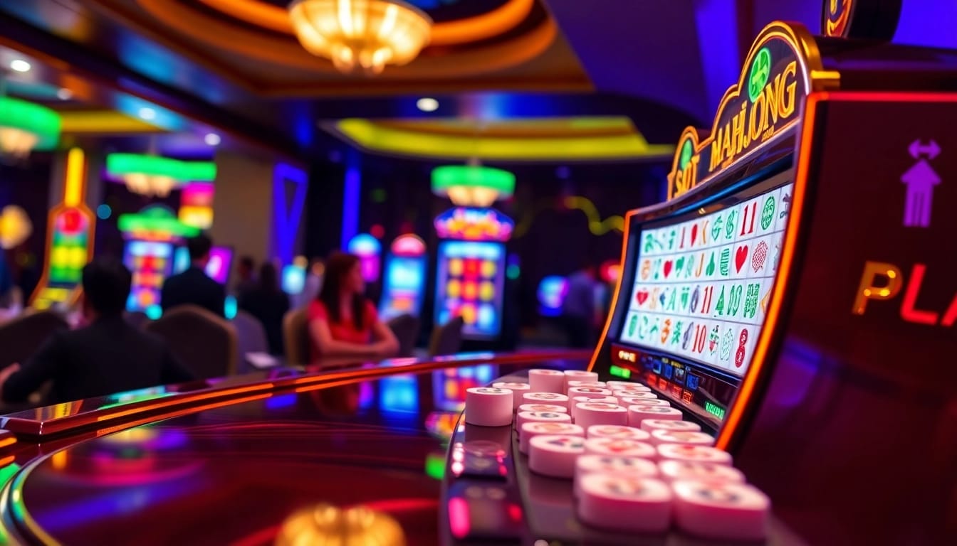 Engage in an electrifying game of slot mahjong featuring bright colorful tiles and dynamic casino ambiance.