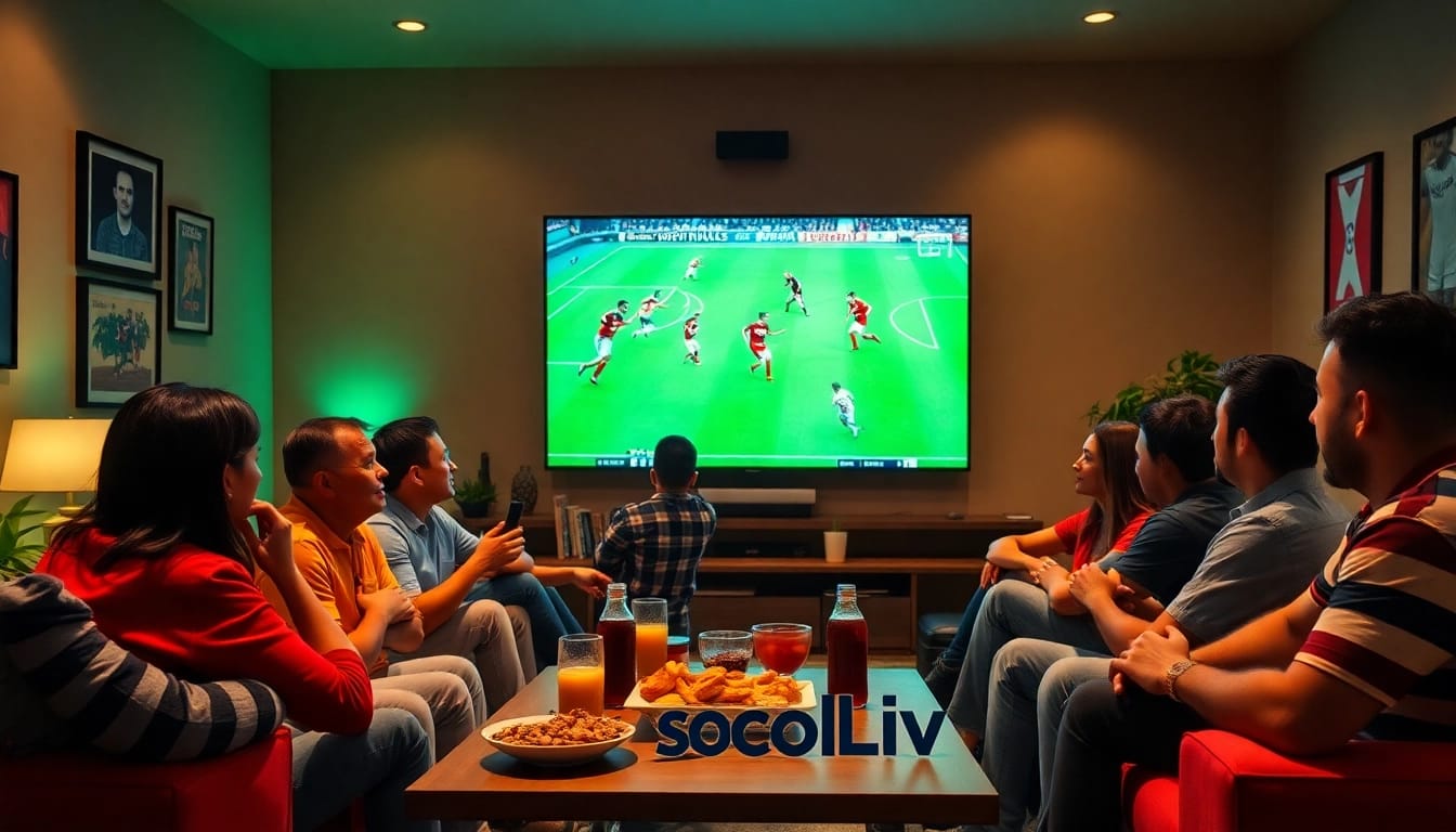 Socolive streaming football match in a lively fan-filled setting with HD visuals.