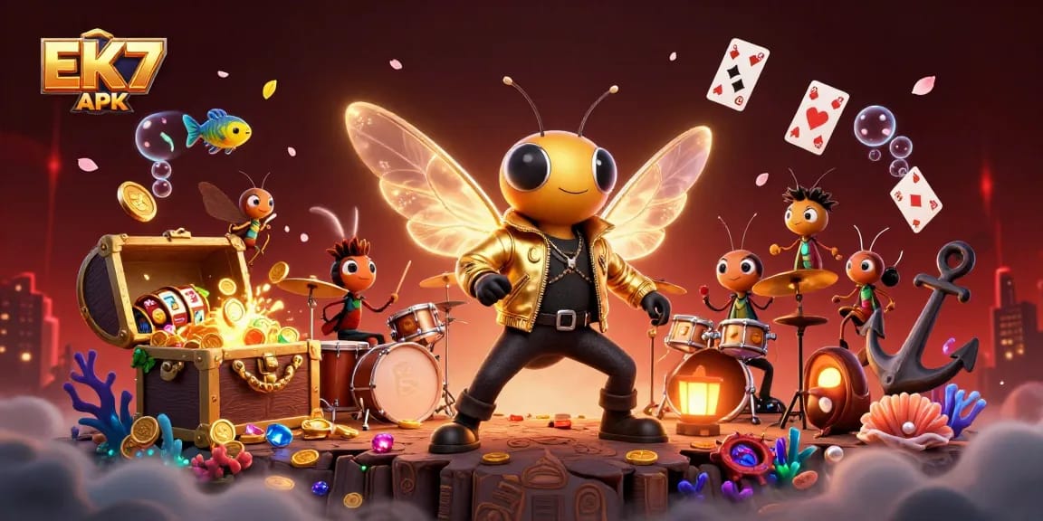 Engage in thrilling gameplay with EK7 APK, featuring a vibrant 3D casino scene alive with characters and treasures.