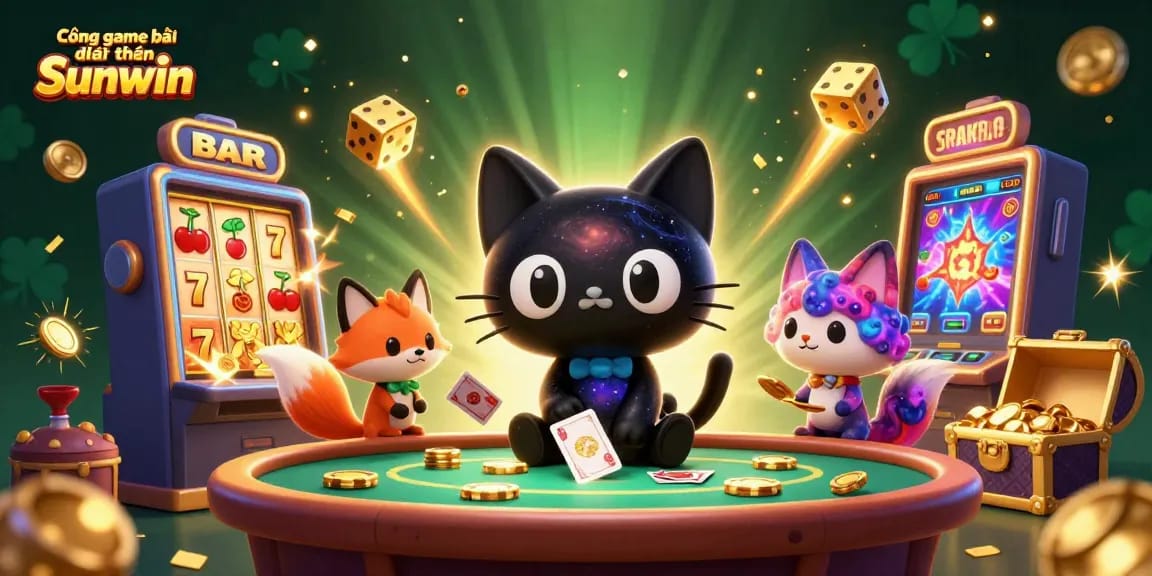 Cổng game bài đổi thưởng Sunwin featuring colorful characters and vibrant casino elements in an engaging cosmic scene.