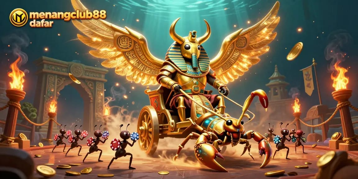 Experience exhilarating gameplay with menangclub88 daftar featuring a golden scarab in a dynamic casino scene.