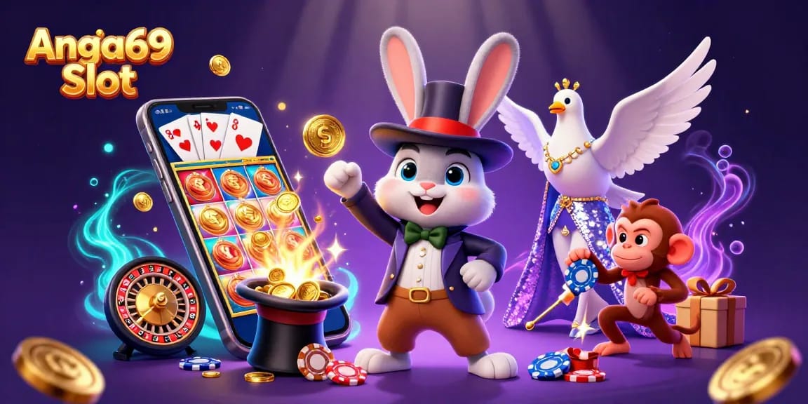 Experience Angka69 Slot with a colorful scene featuring a magical rabbit, coins, and vibrant casino elements.