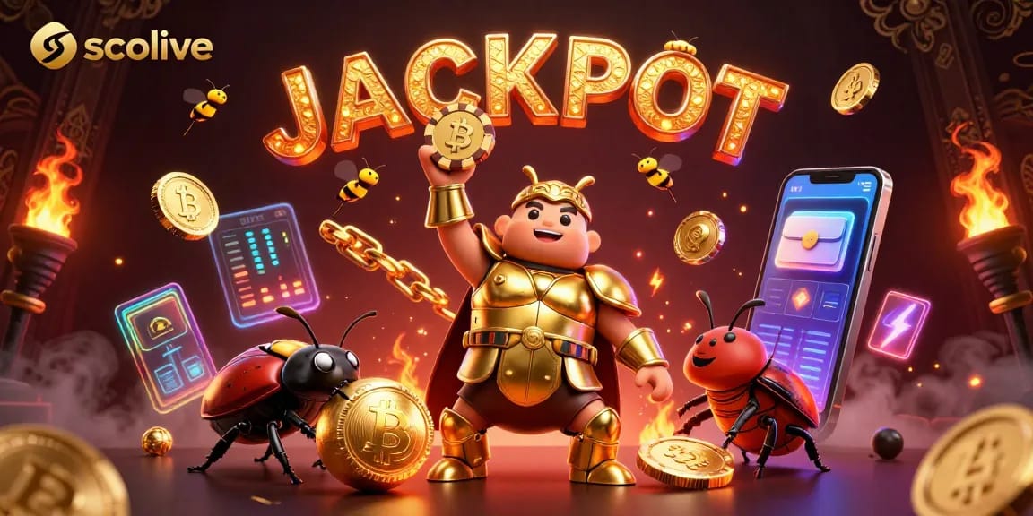 Socolive showcases a triumphant hercules beetle lifting a poker chip, surrounded by vibrant crypto elements.