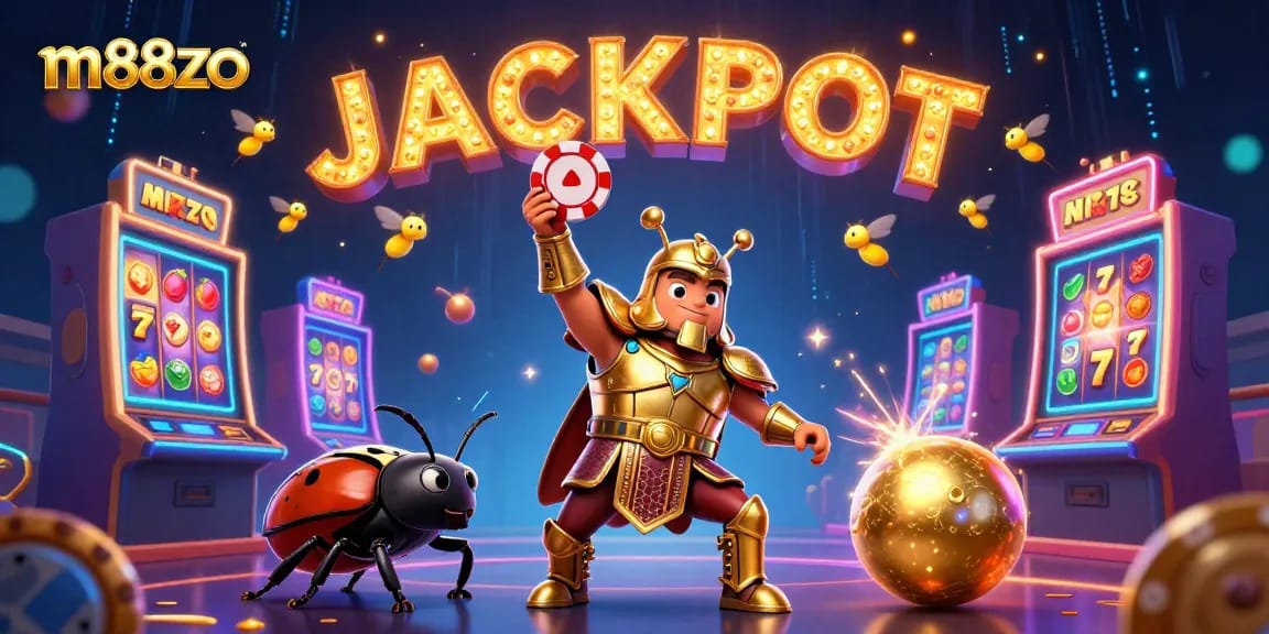 Spin to win with m88zo in an exciting 3D illustration featuring a victorious beetle celebrating a jackpot.