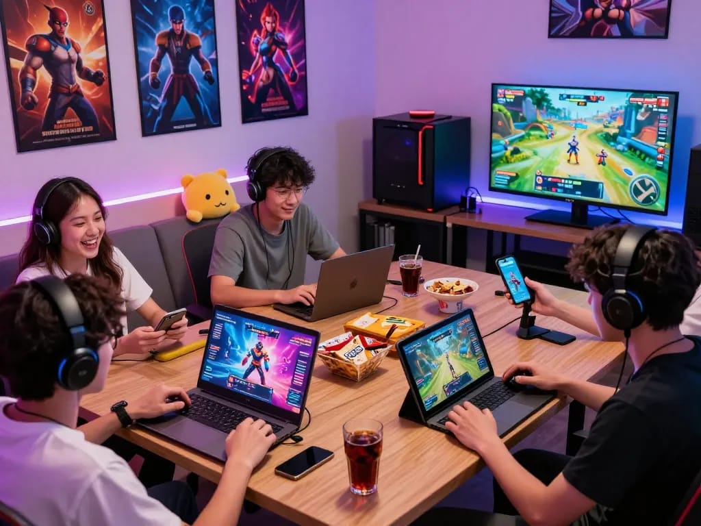 Engaging atmosphere of players enjoying various porngames on multiple devices in a vibrant gaming setup.