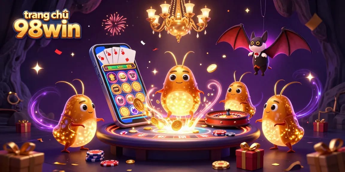 Experience entertainment with trang chủ 98win as glowworms illuminate a casino scene filled with slot games and festive energy.