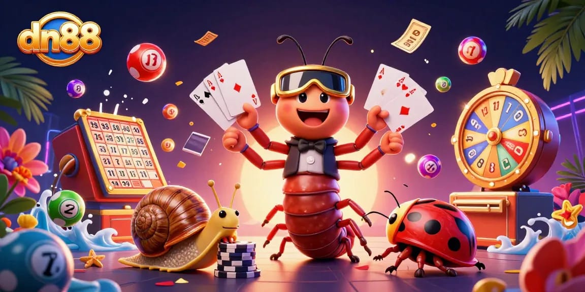 Experience the excitement of dn88 with a vibrant 3D cartoon illustration featuring unique casino elements and characters.