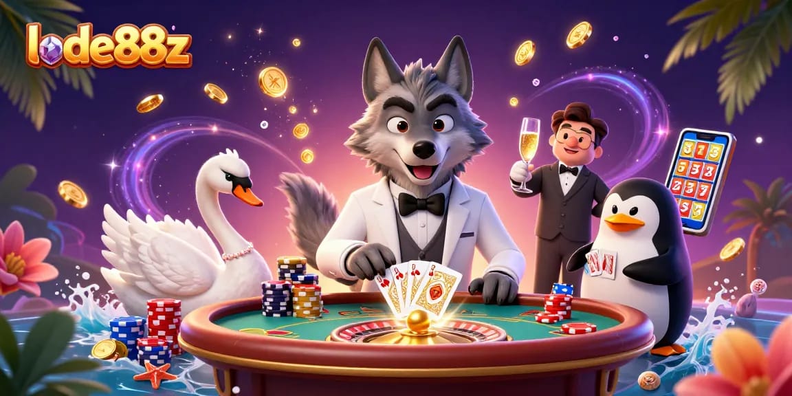 Join the action at lode88z with a vibrant casino scene featuring characters and games.