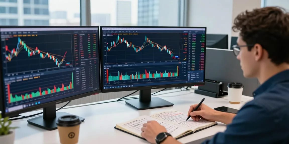 Анализируя отзывы bitmex, трейдер изучает графики криптовалют в современном офисе.
