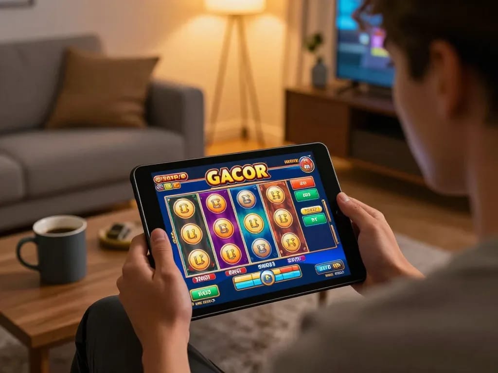 Engaging in slot gacor gameplay on a tablet in a cozy living room, showcasing excitement and strategy.