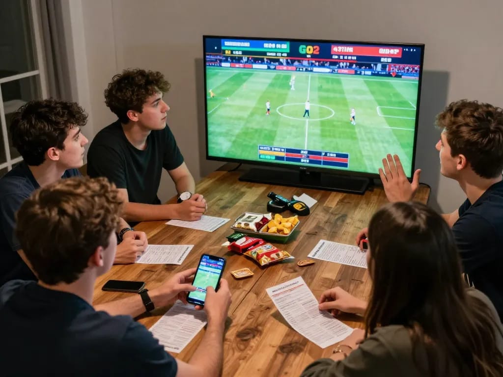 Cheering friends placing bets on a smartphone for go8 com sports betting event.