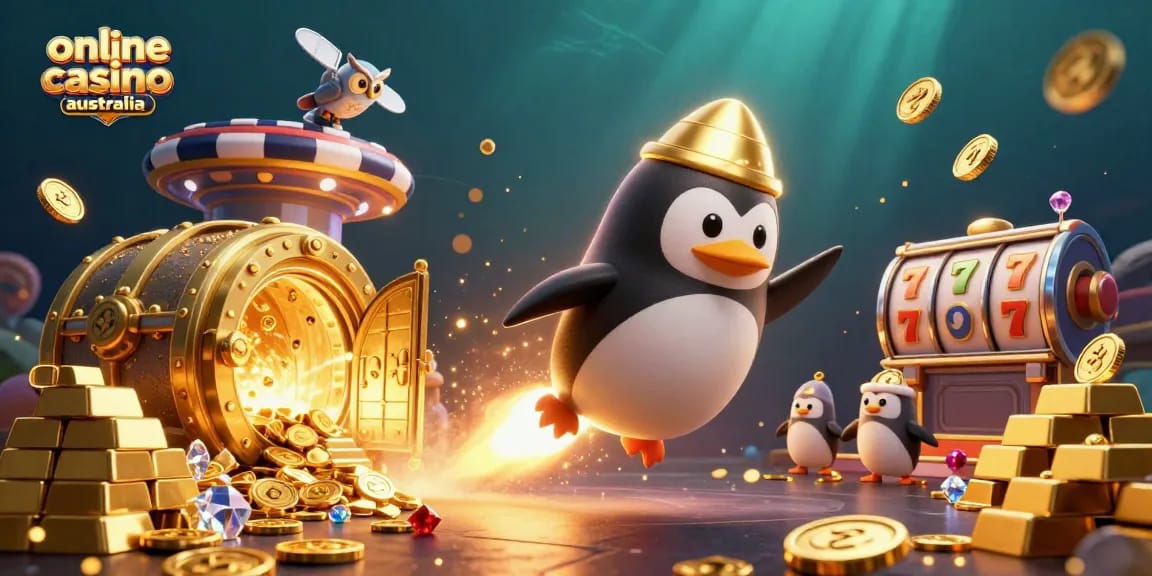 Experience the thrill of online casino Australia with a dynamic rocket-powered penguin and golden treasures.