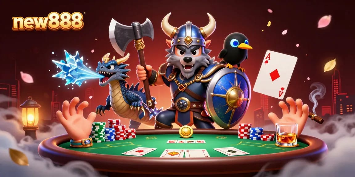 Experience excitement at new888 with a Viking wolf warrior, dragon, and poker elements.