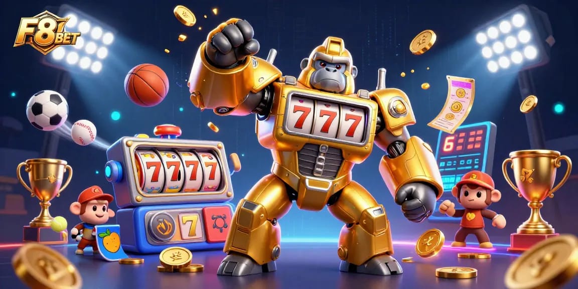 F8BET transforms gaming with an epic scene featuring a golden gorilla mech powering through slot reels.