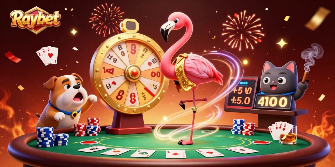 Engage in thrilling gameplay at Raybet with a 3D game show host, excited contestant, and vibrant casino elements.
