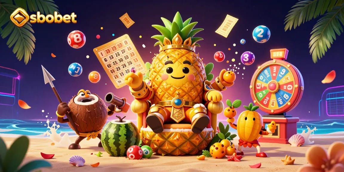 Engage with sbobet gaming in a vibrant casino scene featuring the golden pineapple king, lottery elements, and colorful attractions.