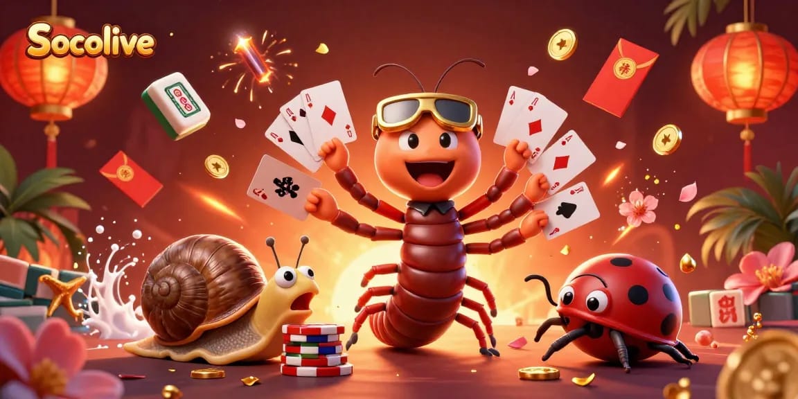 Socolive betting showcase with vibrant millipede dealer, high-roller snail, and excited pill bug amidst dynamic gaming elements.