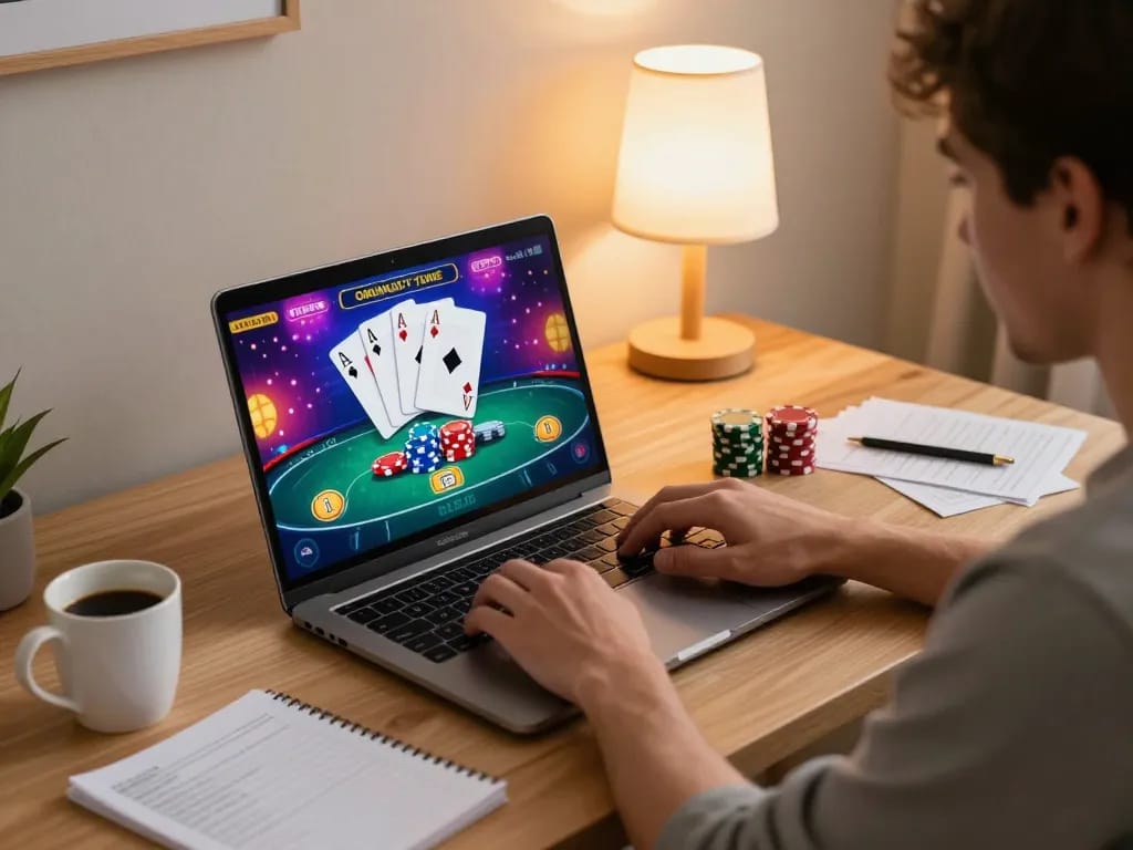 Player engaging in online poker at home with hello88's gaming platform, showcasing strategy and intense focus.