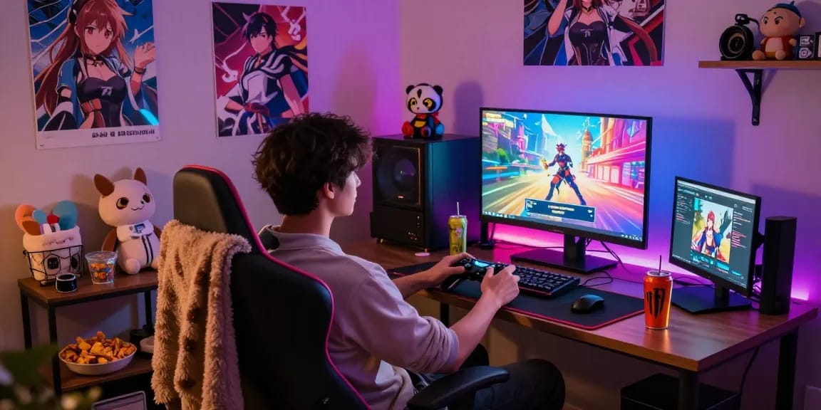 Engaged player enjoying a hentai game in a cozy gaming lounge.