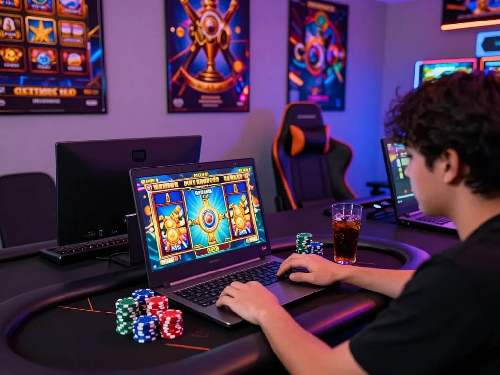 Situs slot gacor pengalaman bermain dengan seorang pemain yang menikmati animasi slot yang berwarna-warni di laptop mereka.