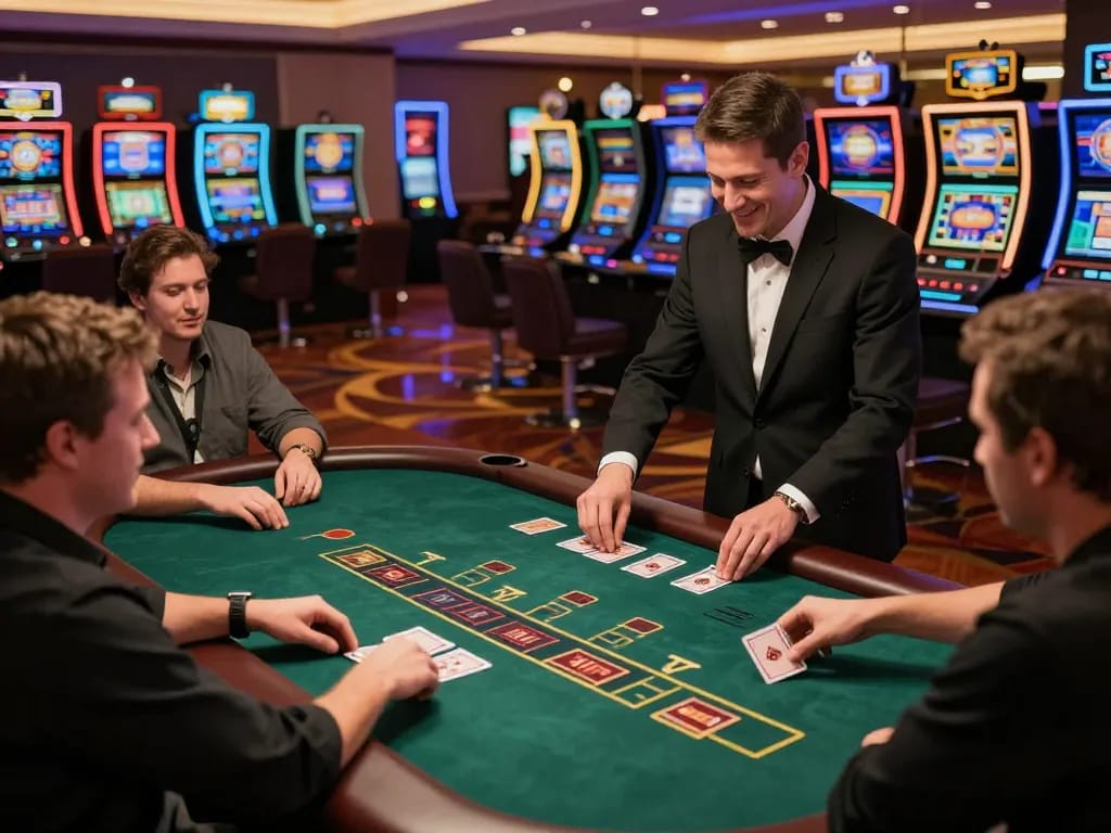Players strategically engaging in mm 88 blackjack at a lively casino table with colorful slot machines in background