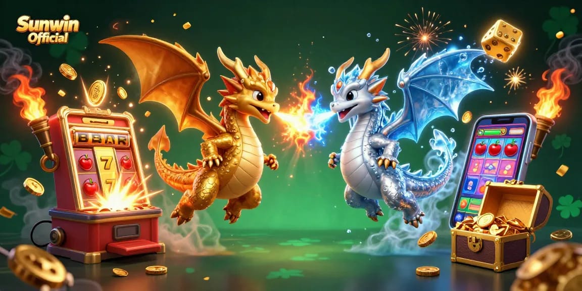 Engage with the thrilling theme of Sunwin Official as two dragons battle in a casino atmosphere.