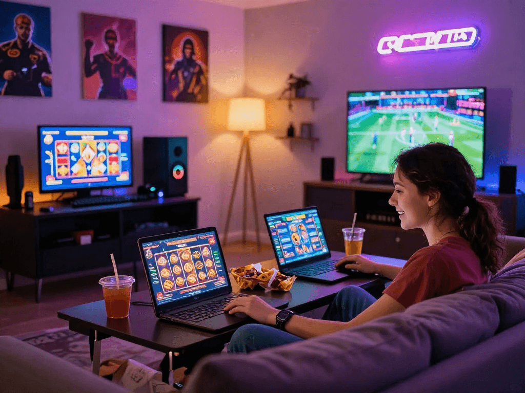 Young couple enjoying a thrilling toto slot gaming experience at home.
