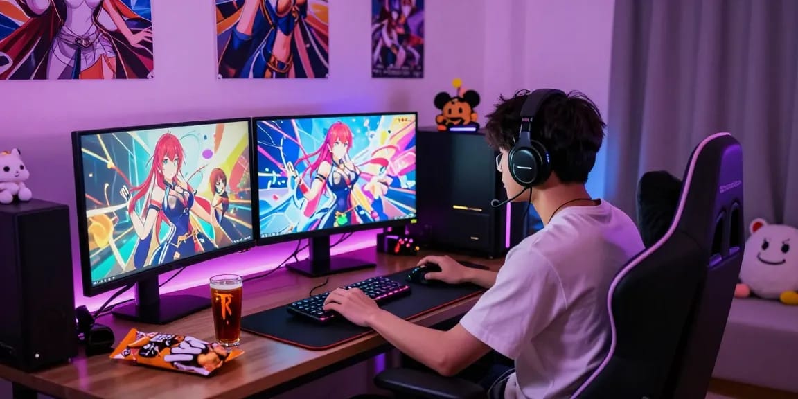 Engaged gamer plays an exciting ecchi game on multiple monitors in a vibrant room.