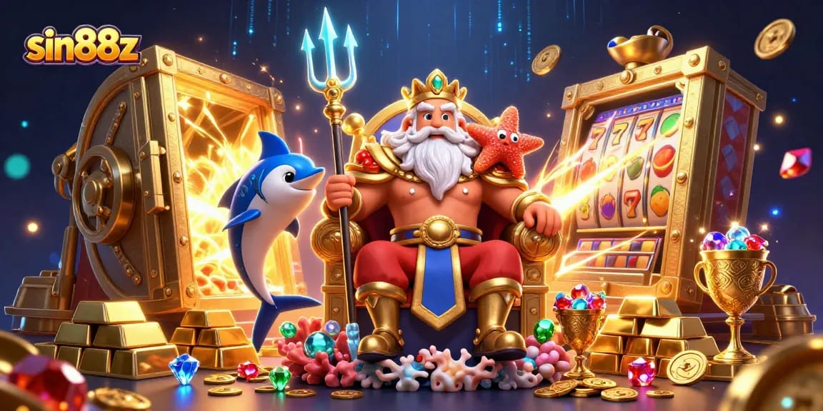 Experience the thrill of sin88z with Neptune and treasures in this vibrant casino scene.