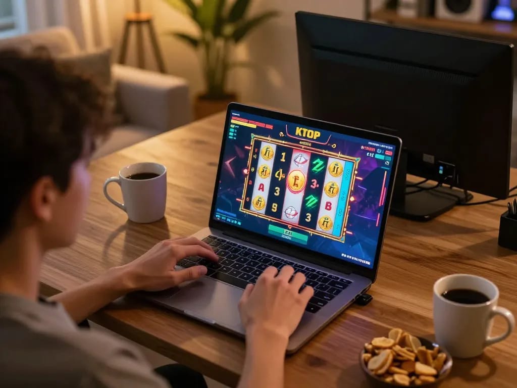 Engaged player spinning a kdslot game at a cozy online gaming setup.