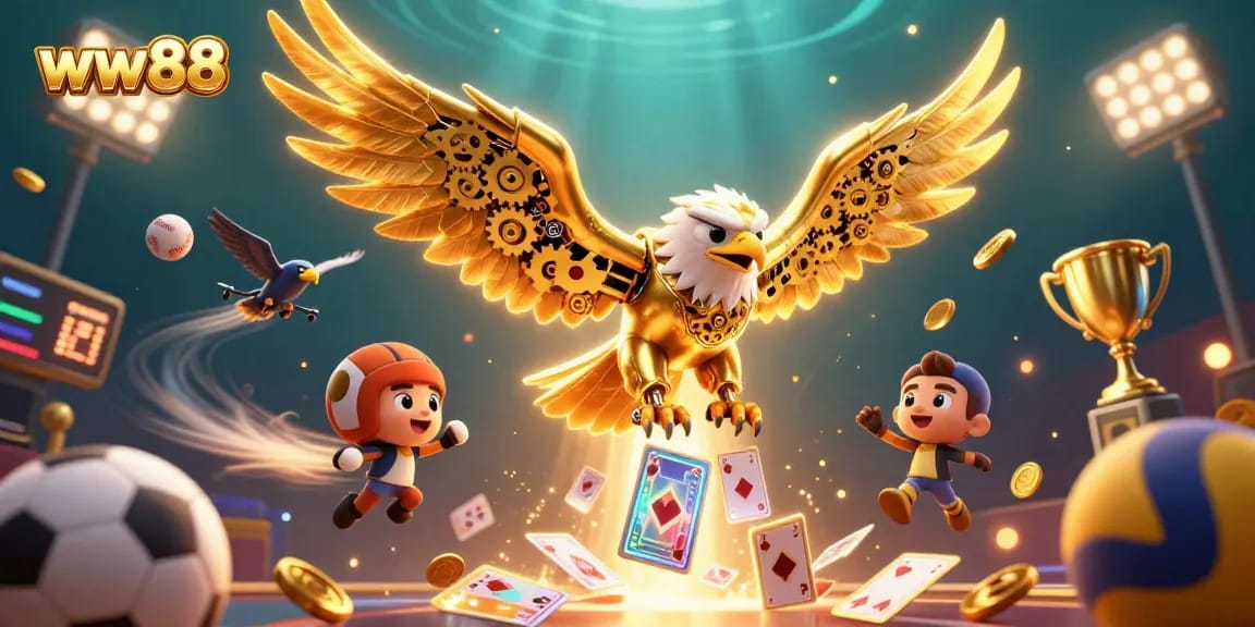 Experience thrilling gameplay with WW88's vibrant 3D illustration featuring dynamic sports elements and rich casino visuals.