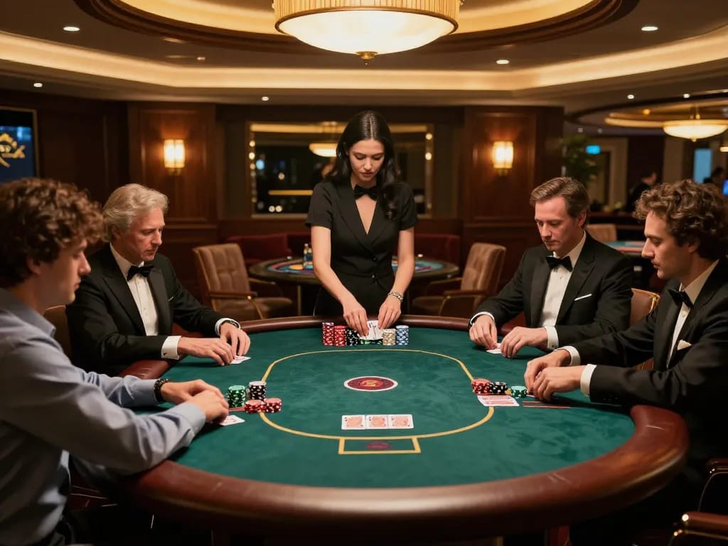 Experience thrilling poker action at 68win's exclusive gaming tables in a luxurious casino setting.