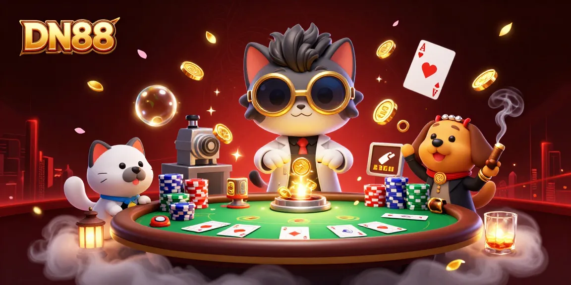 Experience the excitement of DN88 with a thrilling casino scene featuring poker elements and captivating characters.
