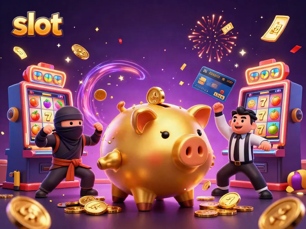 Mengguncang slot dengan mesin slot, karakter lucu, dan koin emas bertebaran.